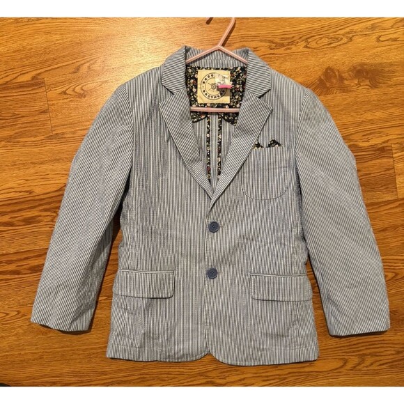 Brooklyn Brothers Seersucker Blazer Boys Sz 7 Blue White Cotton Blend Pockets - Picture 1 of 6